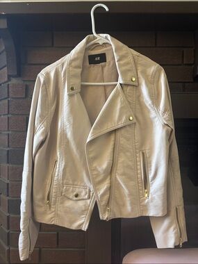 H&M Light Cream Faux-Leather Moto Jacket with Gold Hardware